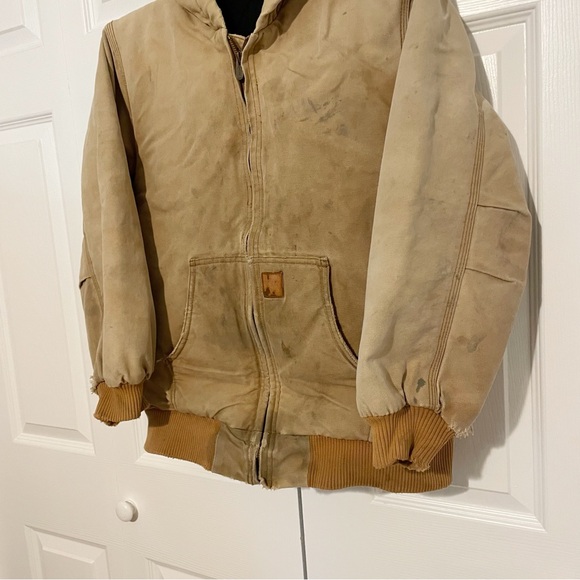 Vintage Carhartt Kids Large Distressed Lined Full Zip Hooded Jacket Brown Faded - Picture 3 of 12